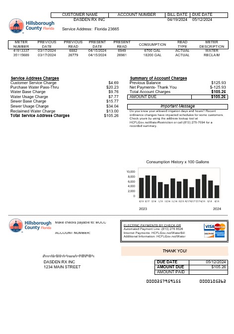 USA Hillsborough County business utility bill template in Word and PDF formats